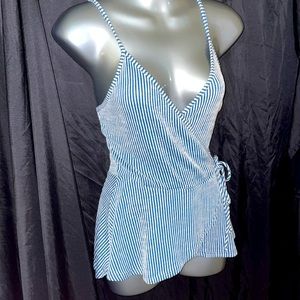 TEAL AND WHITE STRIPE CROSS PEPLUM TOP LOW CUT CLEAVAGE SIZE M/L
